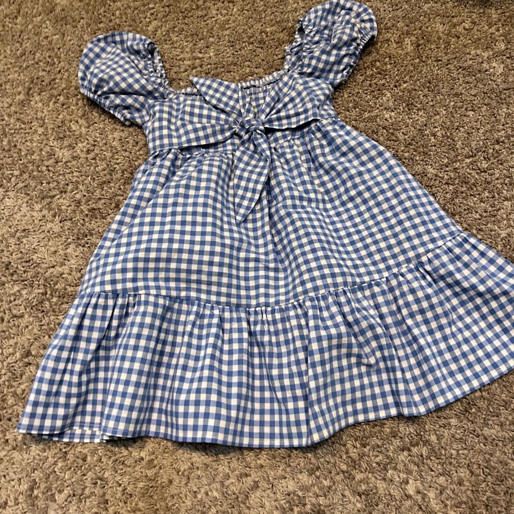 SHEIN MOD Blue Gingham Puff Sleeve Front Tie Mini Dress Cottagecore Size S NEW